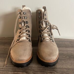 Taupe/Tan Lace Up Combat Boots with Fur Tongue